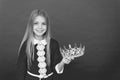 Pageantry of coronation. Little princess. Little pageant girl. Little beauty queen. Adorable little girl child holding Royalty Free Stock Photo