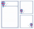 Pages for notes, to-do list, planners, notepad. Lined and blank sheets with bunting balloon cartoon