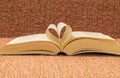 Pages of open book rolled in heart shape on table Royalty Free Stock Photo