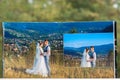 Pages of wedding photobook or wedding album on green background