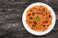 Paghetti with tomato sauce, capers and olives