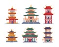 Pagoda as Chinese Tiered Tower with Multiple Eaves and Traditional Building Vector Illustration Set