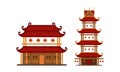 Pagoda as Tiered Tower with Multiple Eaves as Asian Architecture Vector Set