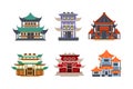 Pagoda as Tiered Tower with Multiple Eaves as Asian Architecture Vector Set