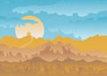 Pagoda on the background of sunrise / sunset in the mountains. Vector illustration in vintage style.