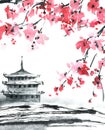 Pagoda and blossom sakura tree Royalty Free Stock Photo