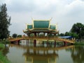 Pagoda and bridge over a lake, Bangkok, Thailand Royalty Free Stock Photo