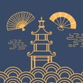 Pagoda building fans oriental element decoration line design