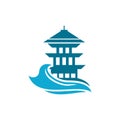 pagoda building with wave logo vector, illustration design template