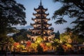 Pagoda in the evening, Chiang Mai, Thailand, Tran Quoc pagoda in Ha Noi capital of Vietnam, AI Generated