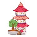 Pagoda fan and bonsai tree japanese cartoon