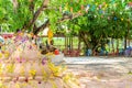 Pagoda and flower on sand in Songkran day festival , Thailand. Royalty Free Stock Photo