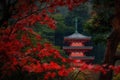 A pagoda inside Gifu park with red maple leaves foreground, Gifu, Japan.