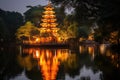 Pagoda on the lake at night in Hanoi, Vietnam, Tran Quoc pagoda in Ha Noi capital of Vietnam, AI Generated