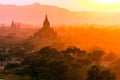 Pagoda landscape at dusk in Bagan Royalty Free Stock Photo