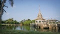 pagoda on middle of a lake at Chalerm Prakiat park in Nonthaburi province, Thailand