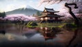 Pagoda, Mount Fuji and sakura in Japan, Japanese nature in spring, illustration, generative AI Royalty Free Stock Photo