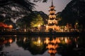 The Pagoda at night in Hanoi,Vietnam, Tran Quoc pagoda in Ha Noi capital of Vietnam, AI Generated