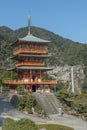 Scenic view of pagoda of Seiganto-ji Temple with Nachi no Taki waterfall in background at Nachi Katsuura, Wakayama, Japan Royalty Free Stock Photo