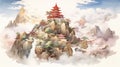 Asian Castle On Enormous Mountain: Artgerm Style Watercolor Illustration