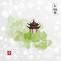 Pagoda temple and green forest trees on white glowing background. Traditional oriental ink painting sumi-e, u-sin, go
