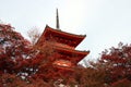 Pagoda three layer of roof with red leaves on the tree of autumn at Kiyomizu temple. Royalty Free Stock Photo