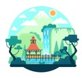 Pagoda on the water. Waterfall, snow-capped mountain and trees above the lake - vector cartoon illustration in flat game