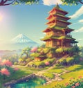 Pagode and Mount with cherry blossom tree during spring season. Generative AI Royalty Free Stock Photo