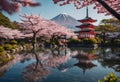 Pagode and Mount with cherry blossom tree during spring season. Generative AI Royalty Free Stock Photo