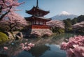 Pagode and Mount with cherry blossom tree during spring season. Generative AI Royalty Free Stock Photo