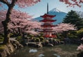 Pagode and Mount with cherry blossom tree during spring season. Generative AI Royalty Free Stock Photo