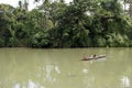 Young boy ushering passengers on small tiny boat on murky river using paddle Royalty Free Stock Photo