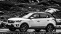 Pahalgam, Jammu & Kashmir, India- Date: July 16, 2018- Black and white shot of a Hyundai Creta SUV car on a road Royalty Free Stock Photo