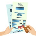 Paid bill in human hands with rubber stamp vector illustration