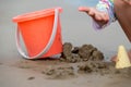 Pail bucket and kids toys on the beach sand Royalty Free Stock Photo