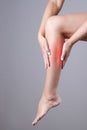 Pain in the calf muscle of the woman. Massage of female feet. Pain in the human body on a gray background Royalty Free Stock Photo