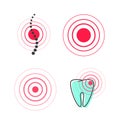 Pain circle symbol vector icon, medical painful spot point in tooth or spine, ache or hurt sign clipart