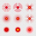 Pain circle symbols. Painkiller remedy spots icons, painful target red radial vector signs