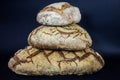 Three Loafs or miches of French sourdough, called as well as Pain de campagne, piled isolated on a black background.