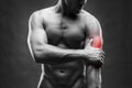 Pain in the elbow. Muscular male body. Handsome bodybuilder posing on gray background Royalty Free Stock Photo