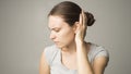 Pain and fever. Beautiful young woman feeling sick and tired. Woman having headache and high fever. The girl suffers from painful Royalty Free Stock Photo