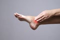 Pain in the foot. Massage of female feet. Pain in the human body on a gray background Royalty Free Stock Photo