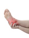 Pain in the foot. Massage of female feet. Royalty Free Stock Photo