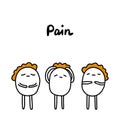 Pain hand drawn set in cartoon comic style woman suffering headache stomach belly chest weakness