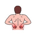 Pain in the human back. Backache. Pain in different part of man body set. Health problem of muscle pain and spinal