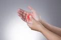 Pain In The Joints Of The Hands. Carpal Tunnel Syndrome. Pain In The Human Body On A Gray Background