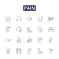 Pain line vector icons and signs. Achy, Stinging, Suffering, Anguish, Smarting, Pangs, Discomfort, Distress outline Royalty Free Stock Photo