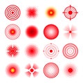 Pain localization marks. Painful area, aching spot. Red circles, targets. Headache, bruised body part marker. Back, neck