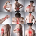 Pain in a man's body. Collage of several photos with red dots