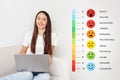 pain measurement scale. Colorful set of emotion icons. A girl with a laptop checks her mood scale Royalty Free Stock Photo